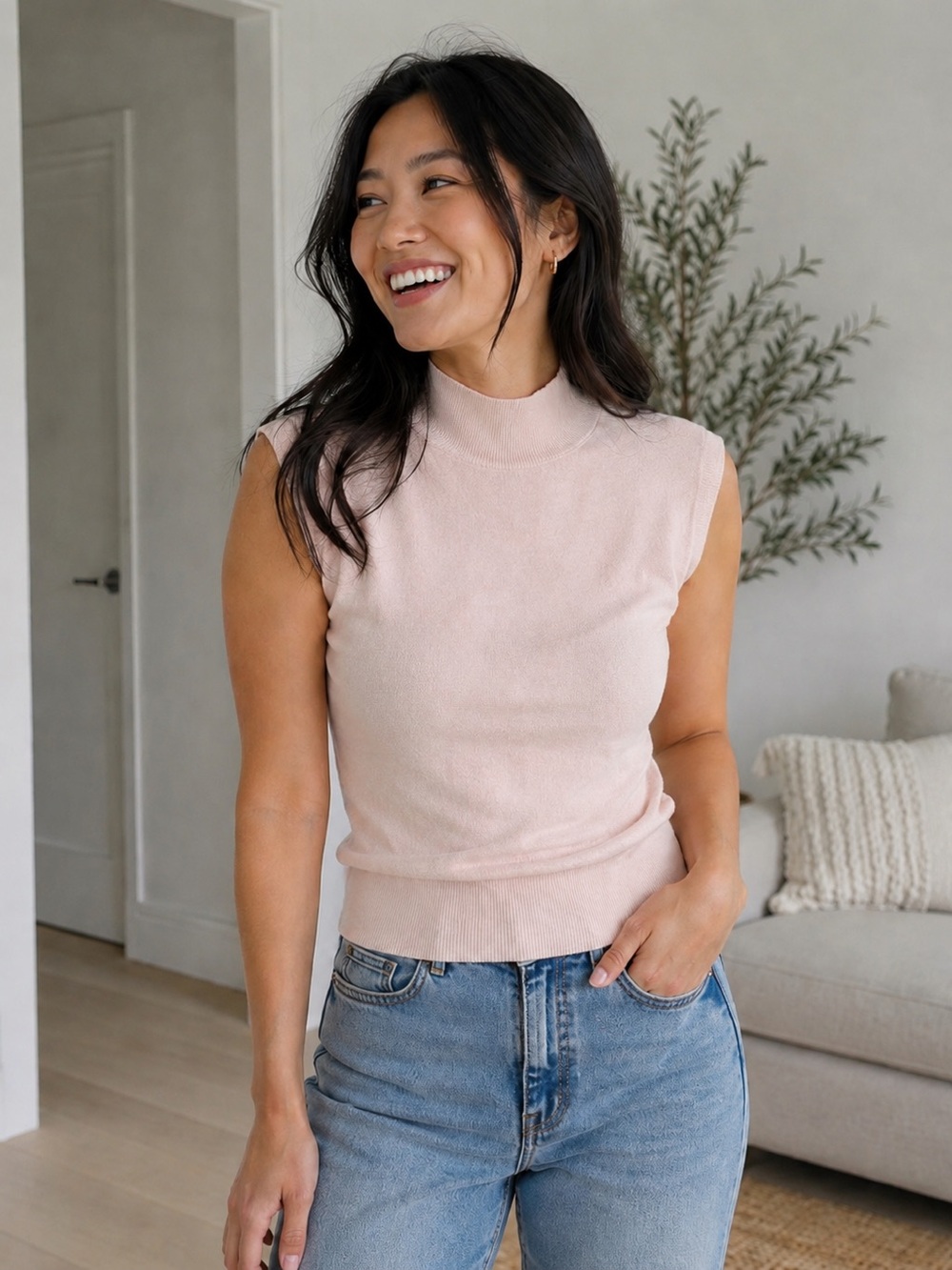 Banana Republic 100% Merino Wool Mock Neck Sweater Shell XXS Blush Pink